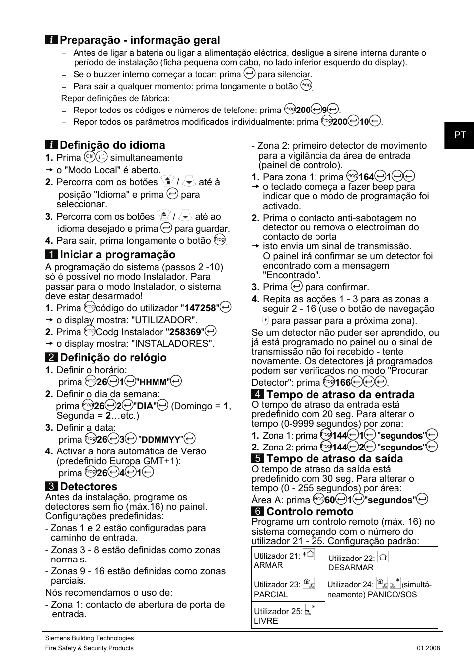 Preparação - informação geral, Definição do idioma, Iniciar a programação | Definição do relógio, Detectores, Tempo de atraso da entrada, Tempo de atraso da saída, Controlo remoto | Siemens IC60 User Manual | Page 8 / 40