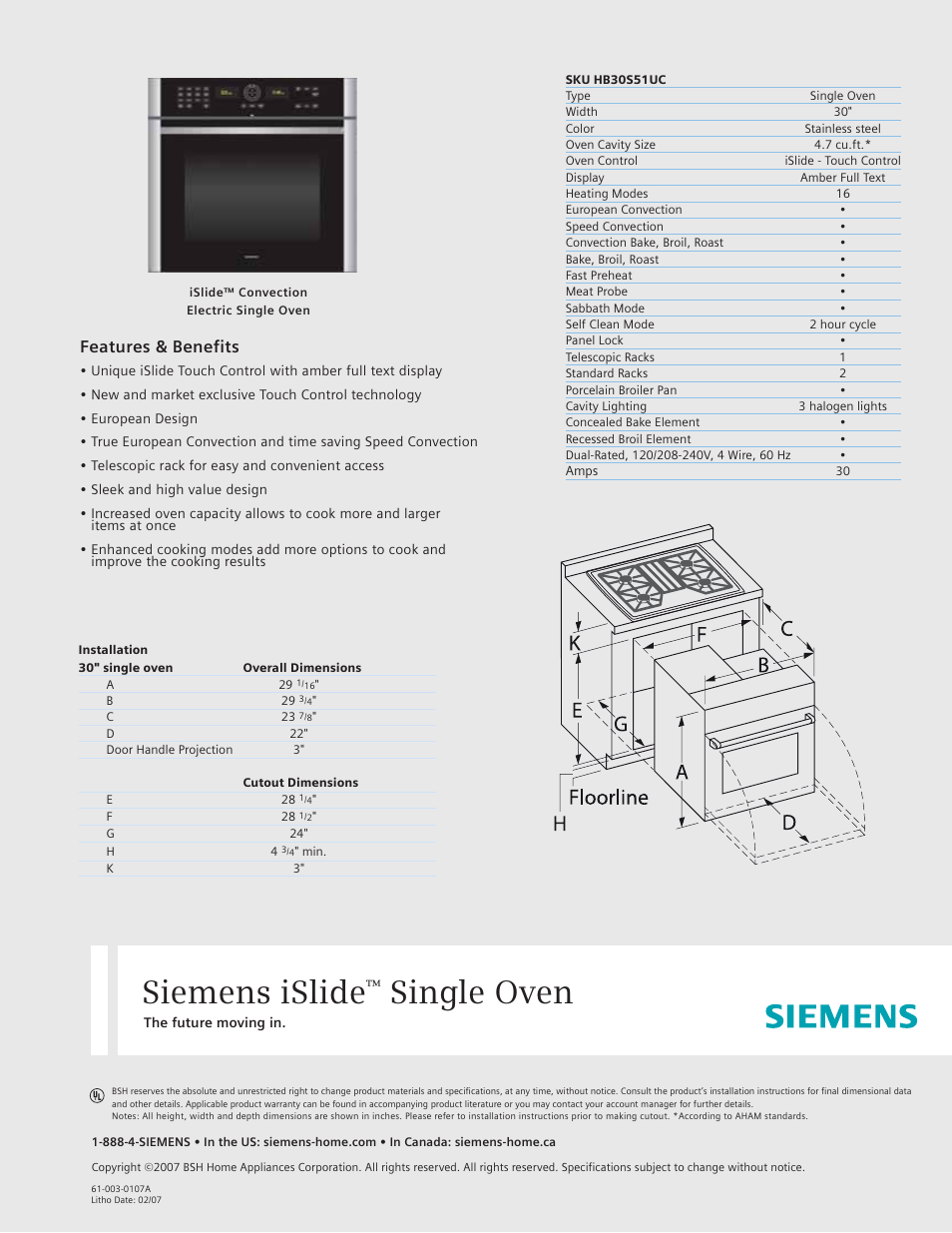 Siemens ISLIDE SKU HB30S51UC User Manual | 1 page