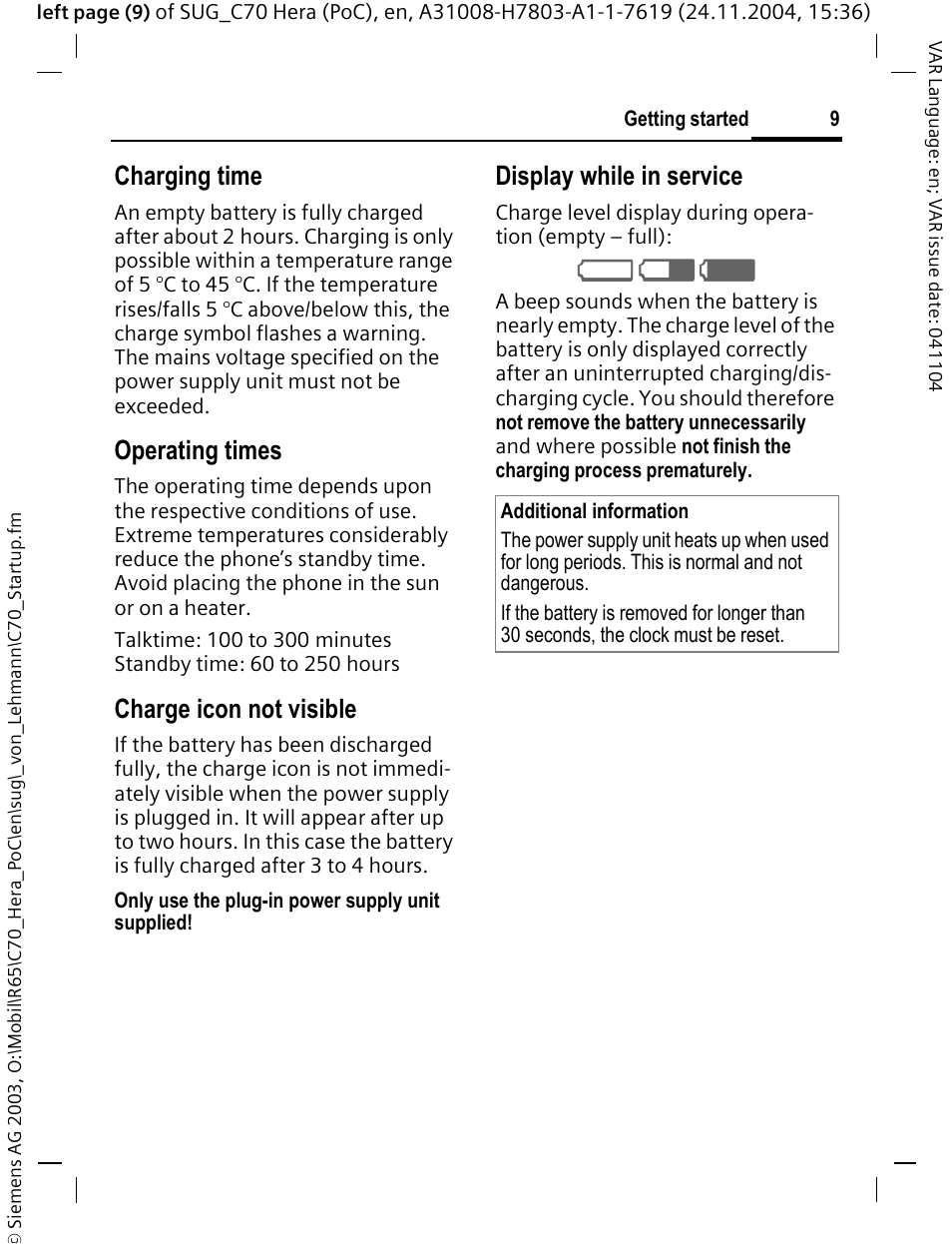 Charging time, Operating times, Charge icon not visible | Display while in service | Siemens C70 CT70 User Manual | Page 10 / 76