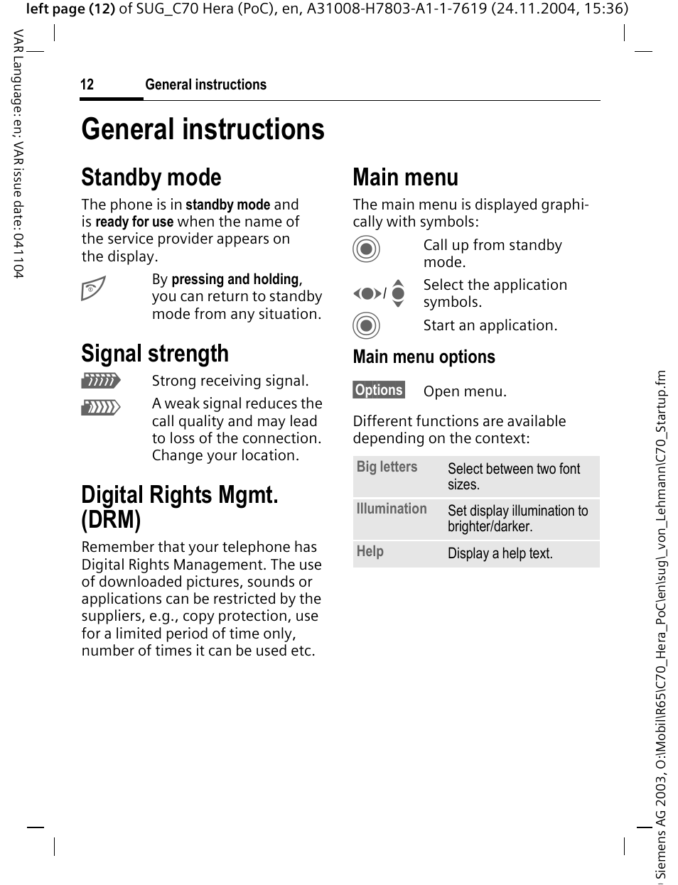 General instructions, Standby mode, Signal strength | Digital rights mgmt. (drm), Main menu | Siemens C70 CT70 User Manual | Page 13 / 76