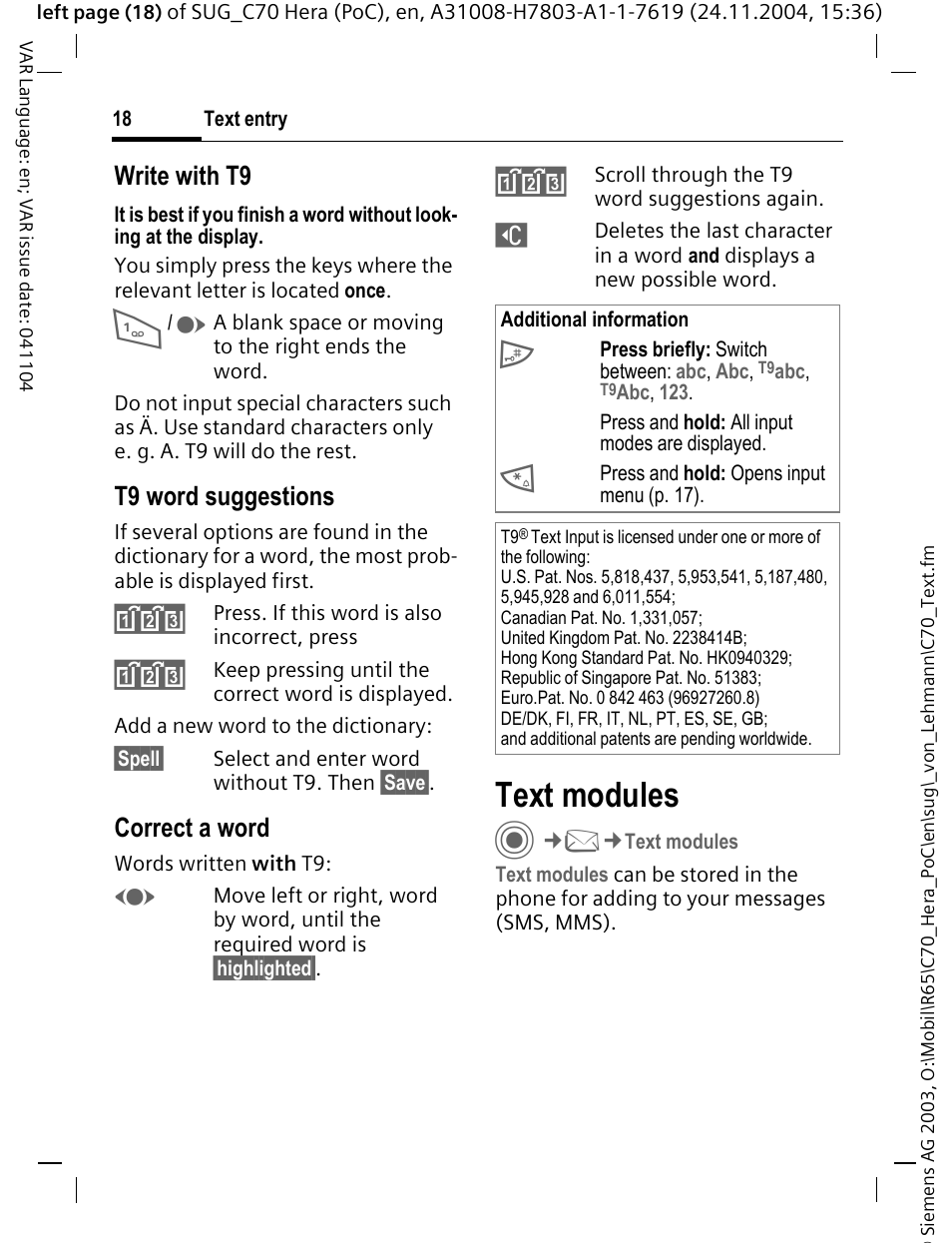 Text modules, Write with t9, T9 word suggestions | Correct a word | Siemens C70 CT70 User Manual | Page 19 / 76