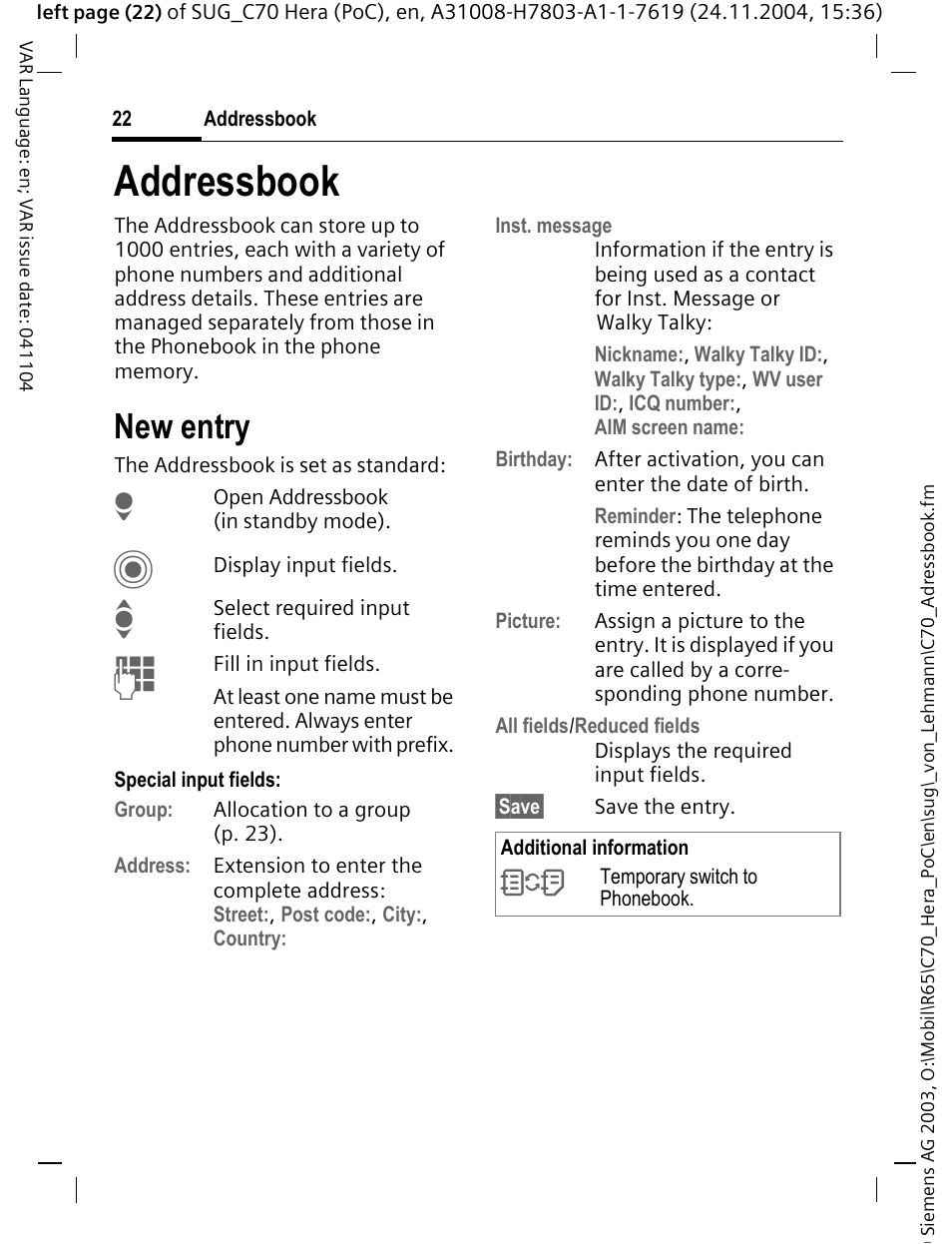 Addressbook, New entry, See also p. 22) | Siemens C70 CT70 User Manual | Page 23 / 76