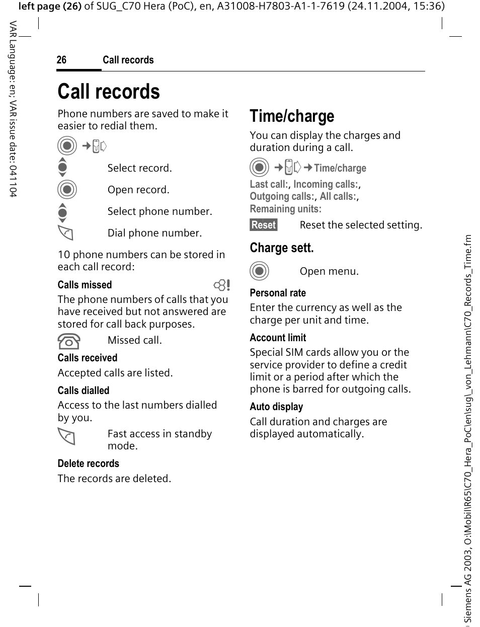 Call records, Time/charge | Siemens C70 CT70 User Manual | Page 27 / 76