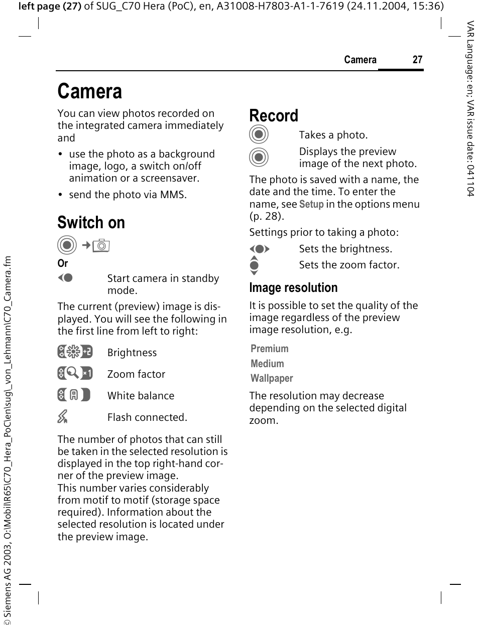 Camera, Switch on, Record | Siemens C70 CT70 User Manual | Page 28 / 76