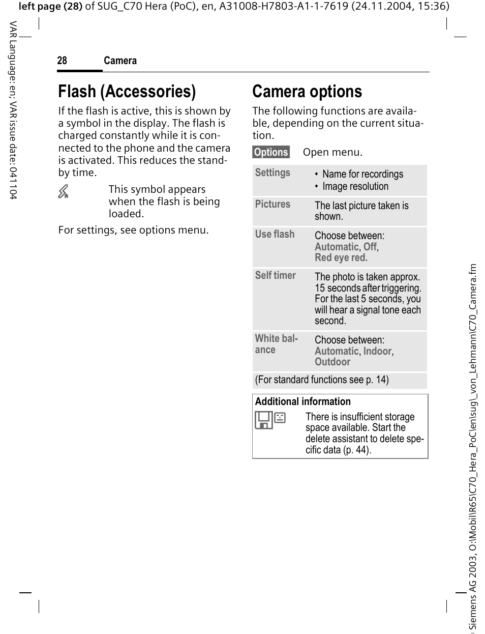 Flash (accessories), Camera options | Siemens C70 CT70 User Manual | Page 29 / 76