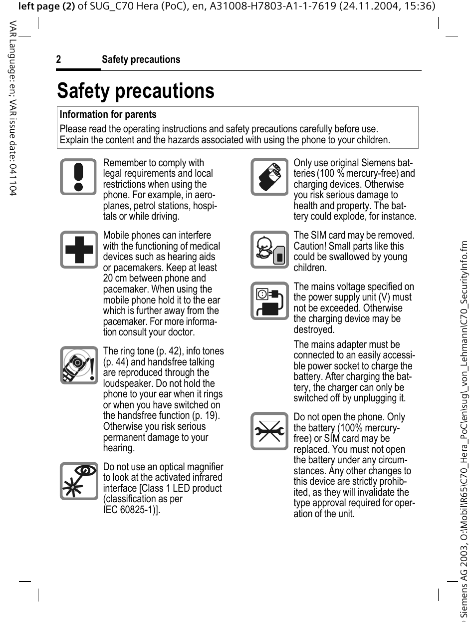 Safety precautions | Siemens C70 CT70 User Manual | Page 3 / 76