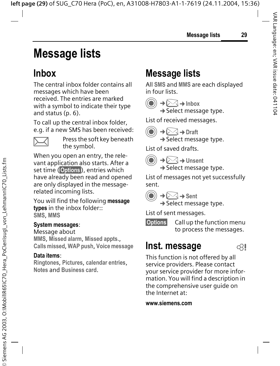 Message lists, Inbox, Inst. message | Siemens C70 CT70 User Manual | Page 30 / 76