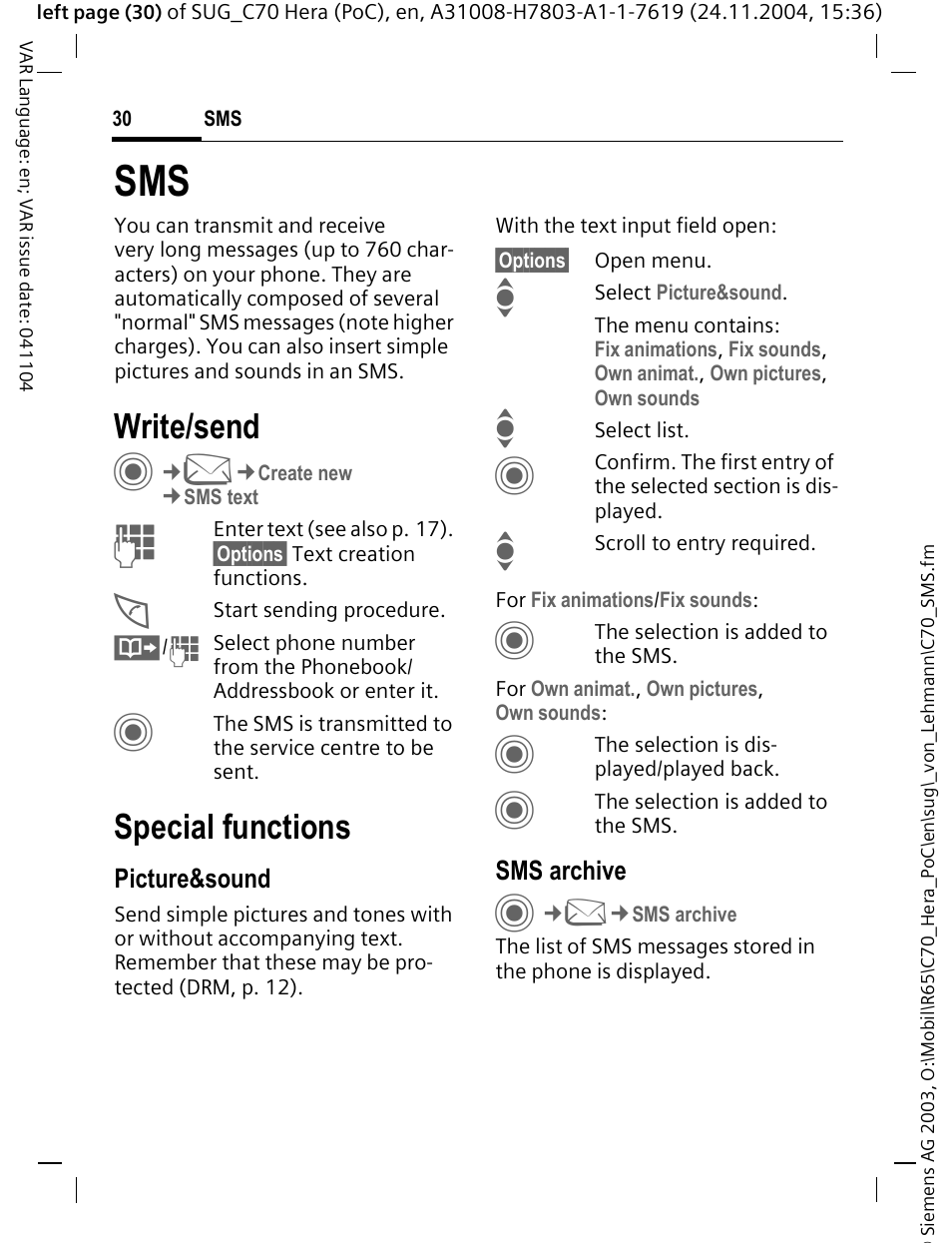 Write/send, Or sms (p. 30), Special functions | Siemens C70 CT70 User Manual | Page 31 / 76