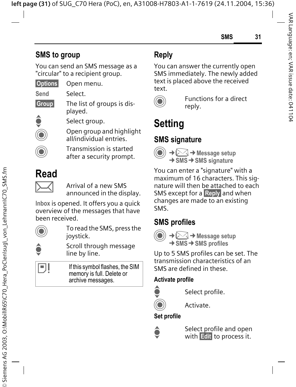 Read, Setting | Siemens C70 CT70 User Manual | Page 32 / 76