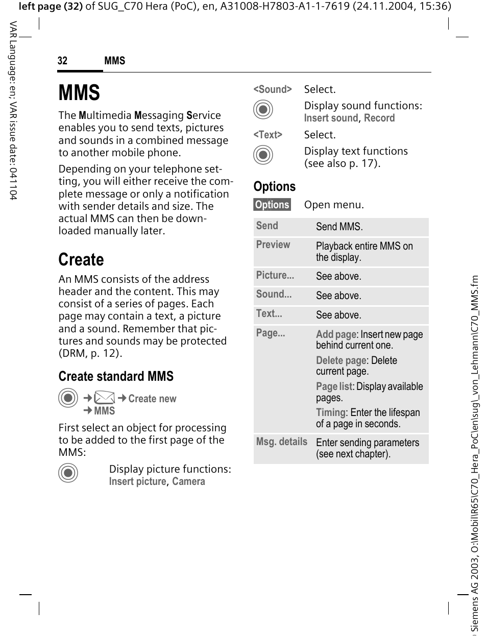 Create, Create standard mms, Options | Siemens C70 CT70 User Manual | Page 33 / 76