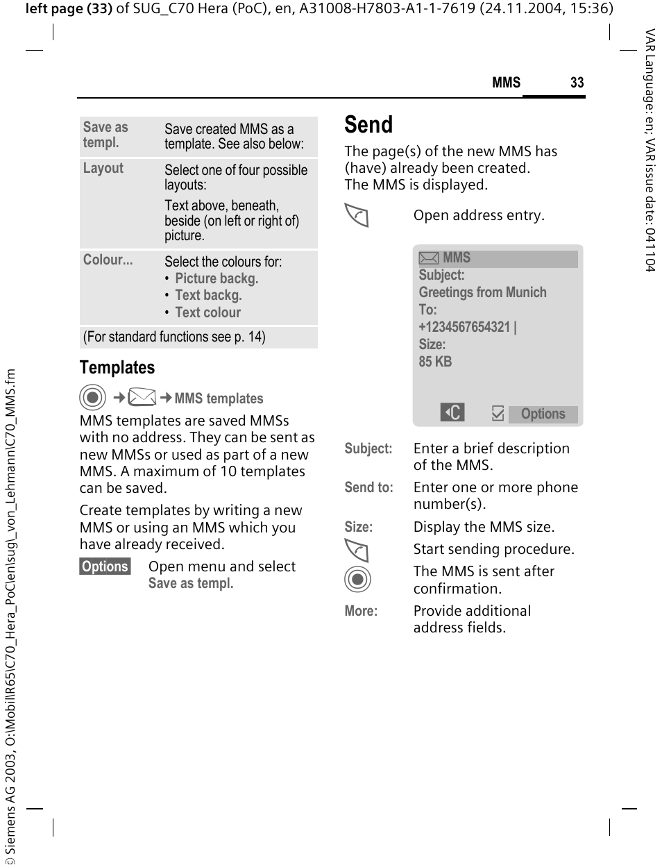 Send, Templates | Siemens C70 CT70 User Manual | Page 34 / 76