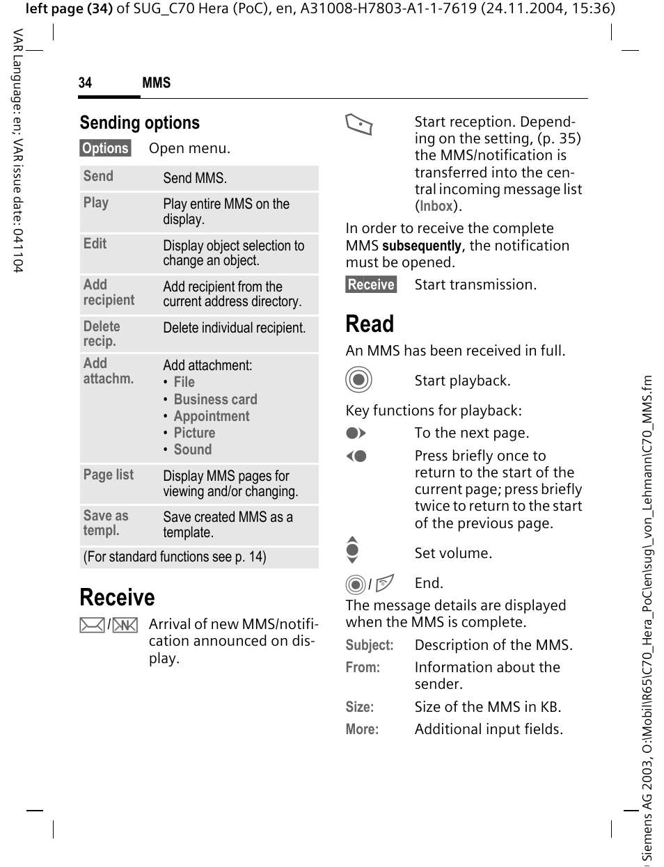 Receive, Read, Sending options | Siemens C70 CT70 User Manual | Page 35 / 76