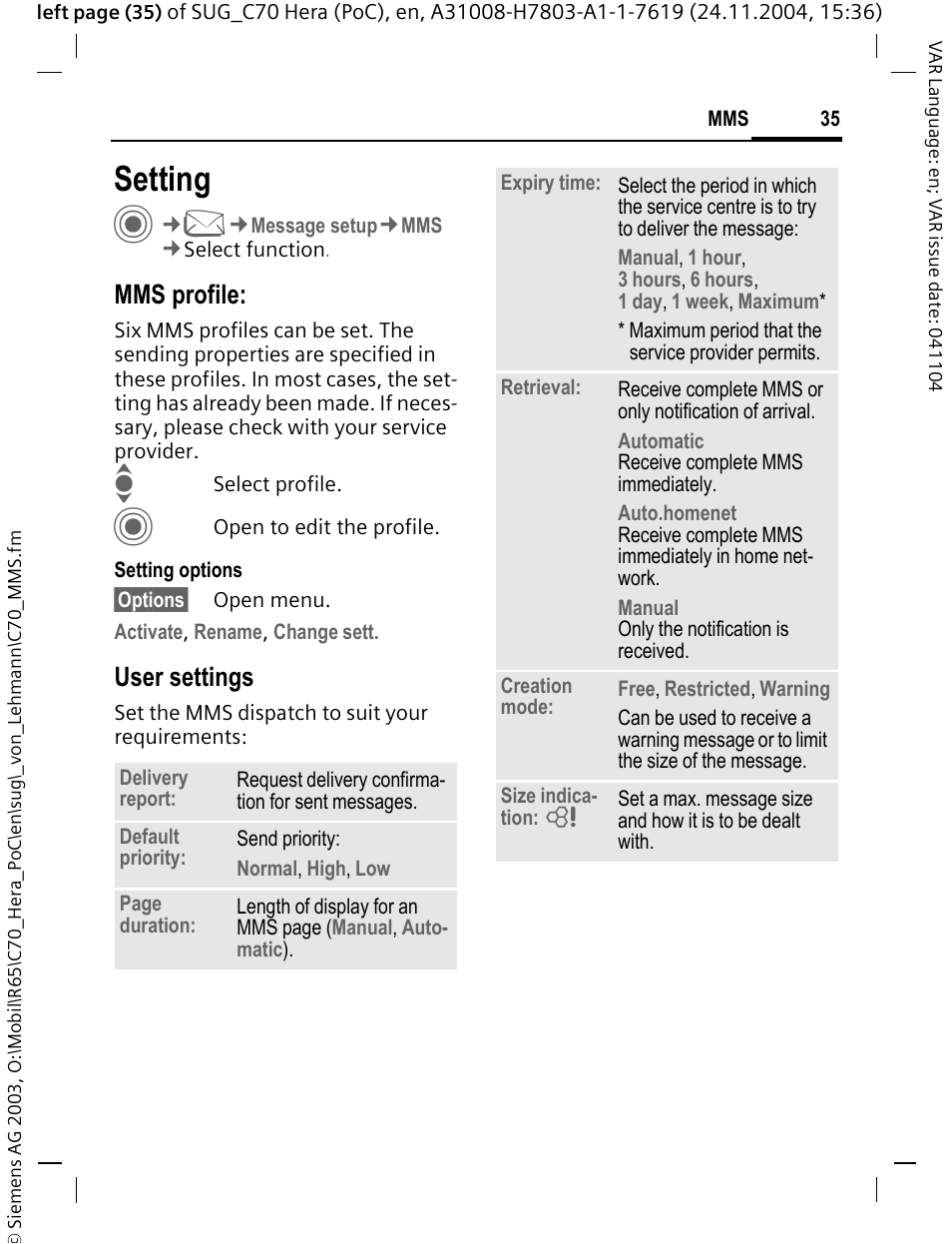 Setting, Mms profile, User settings | Siemens C70 CT70 User Manual | Page 36 / 76