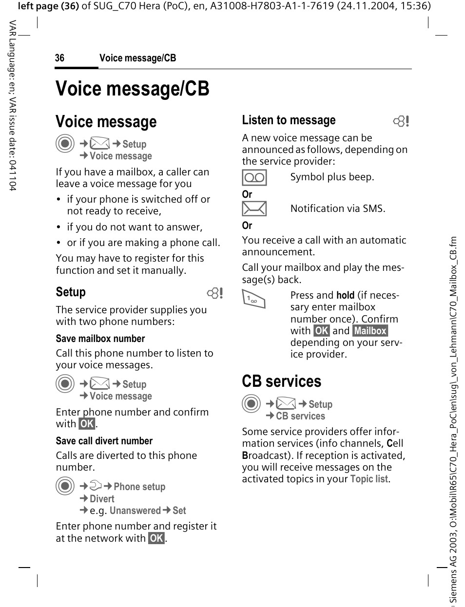 Voice message/cb, Voice message, Cb services | Siemens C70 CT70 User Manual | Page 37 / 76