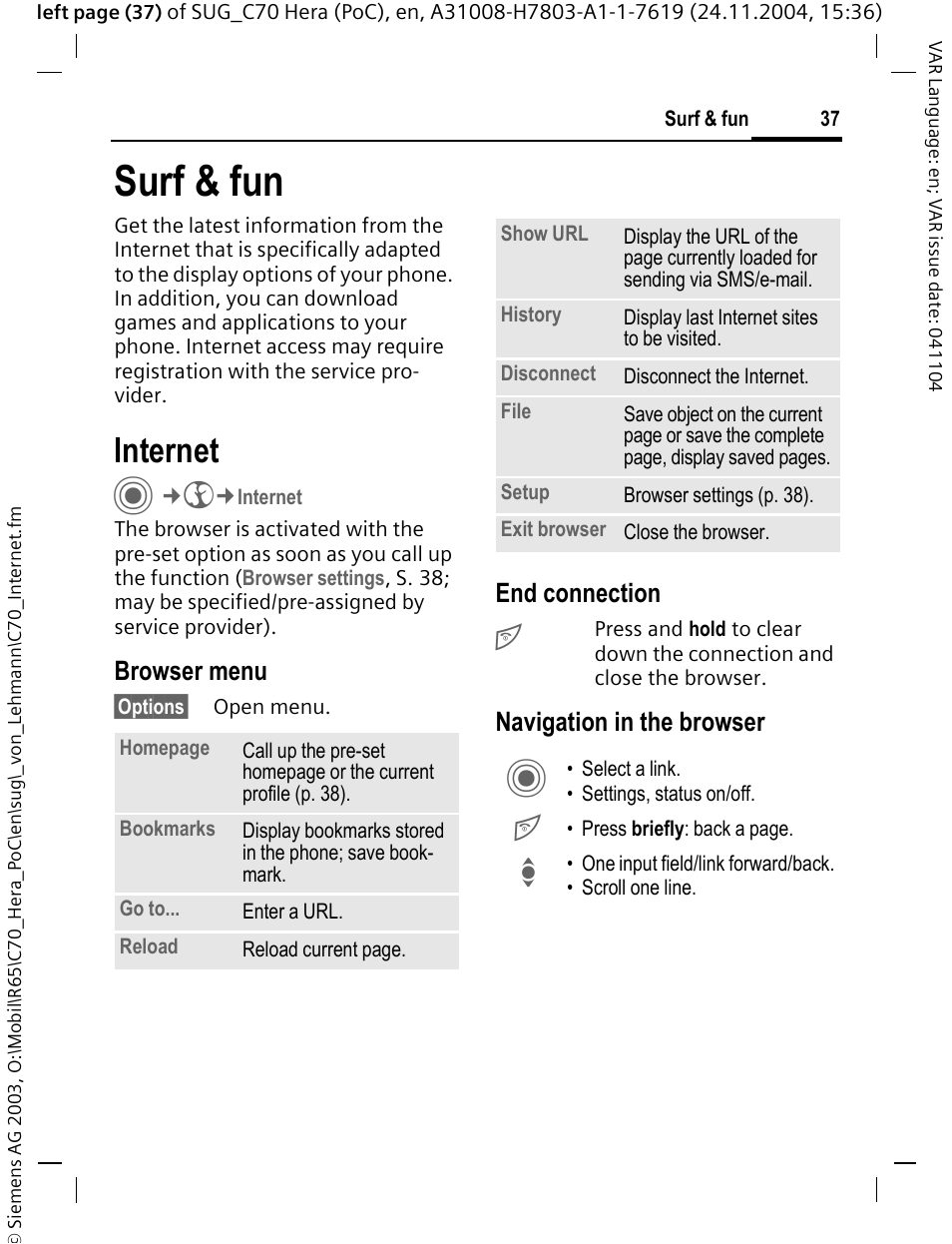 Surf & fun, Internet, Browser menu | End connection, Navigation in the browser | Siemens C70 CT70 User Manual | Page 38 / 76