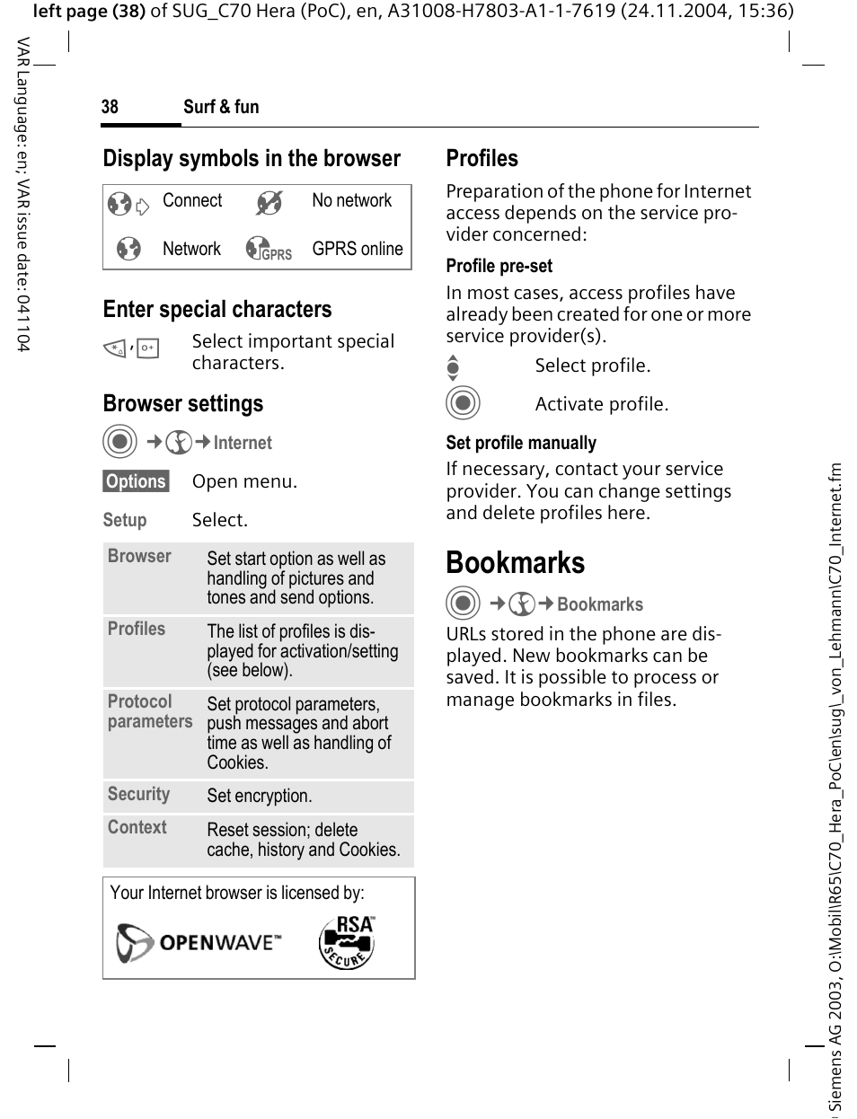 Bookmarks, Nction, Browser settings | S. 38, P. 38), S (p. 38) | Siemens C70 CT70 User Manual | Page 39 / 76