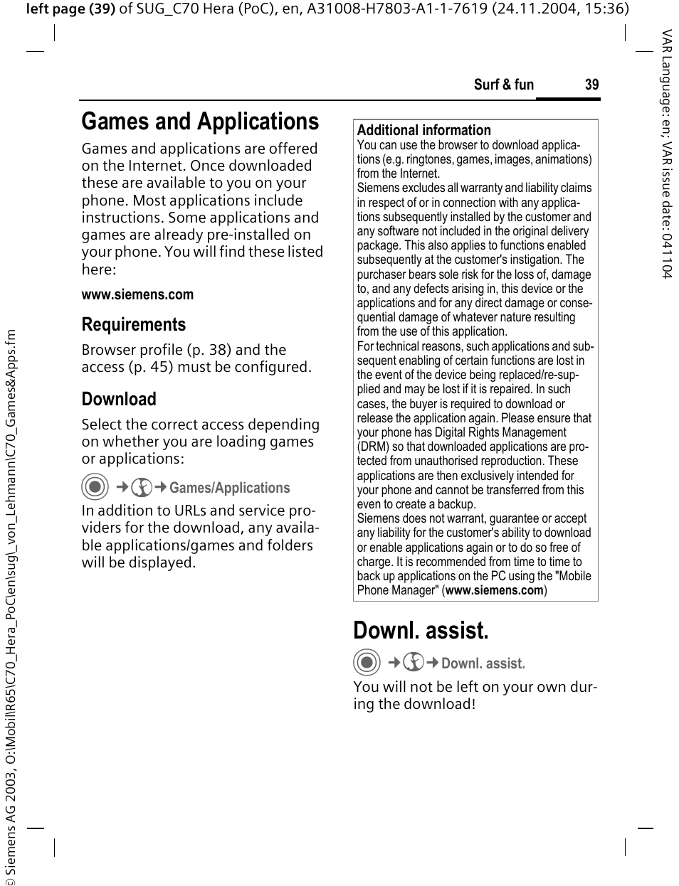 Games and applications, Downl. assist, Requirements | Download | Siemens C70 CT70 User Manual | Page 40 / 76