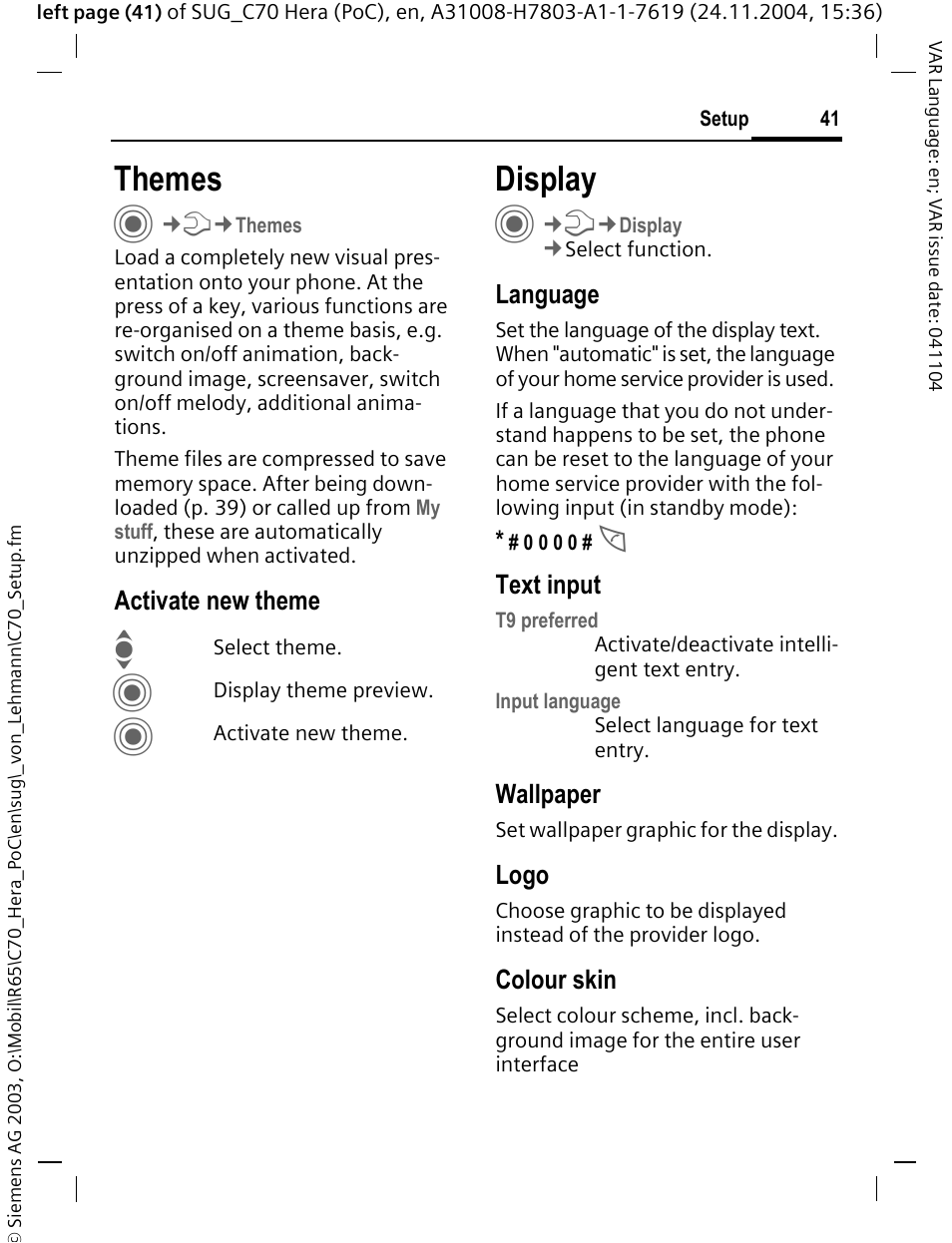 Themes, Display | Siemens C70 CT70 User Manual | Page 42 / 76