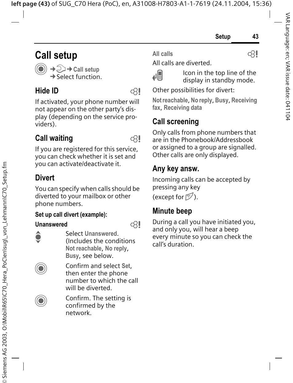 Call setup | Siemens C70 CT70 User Manual | Page 44 / 76