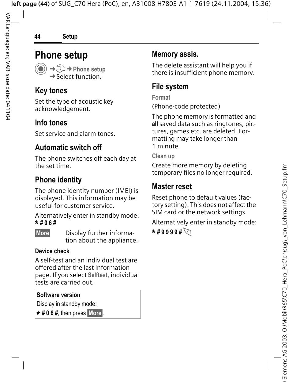 Phone setup, P. 44), Key tones | Info tones, Automatic switch off, Phone identity, File system, Master reset | Siemens C70 CT70 User Manual | Page 45 / 76