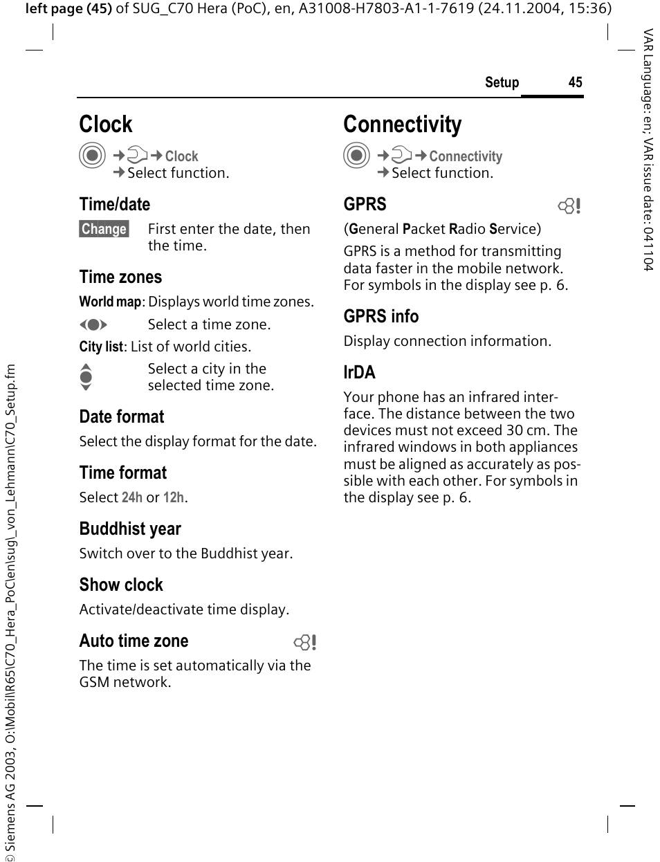 Clock, Connectivity, Da (p. 45) | Siemens C70 CT70 User Manual | Page 46 / 76