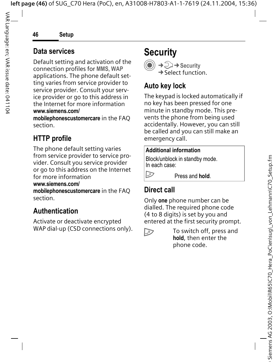 Security, Data services, Authentication | Auto key lock, Direct call | Siemens C70 CT70 User Manual | Page 47 / 76