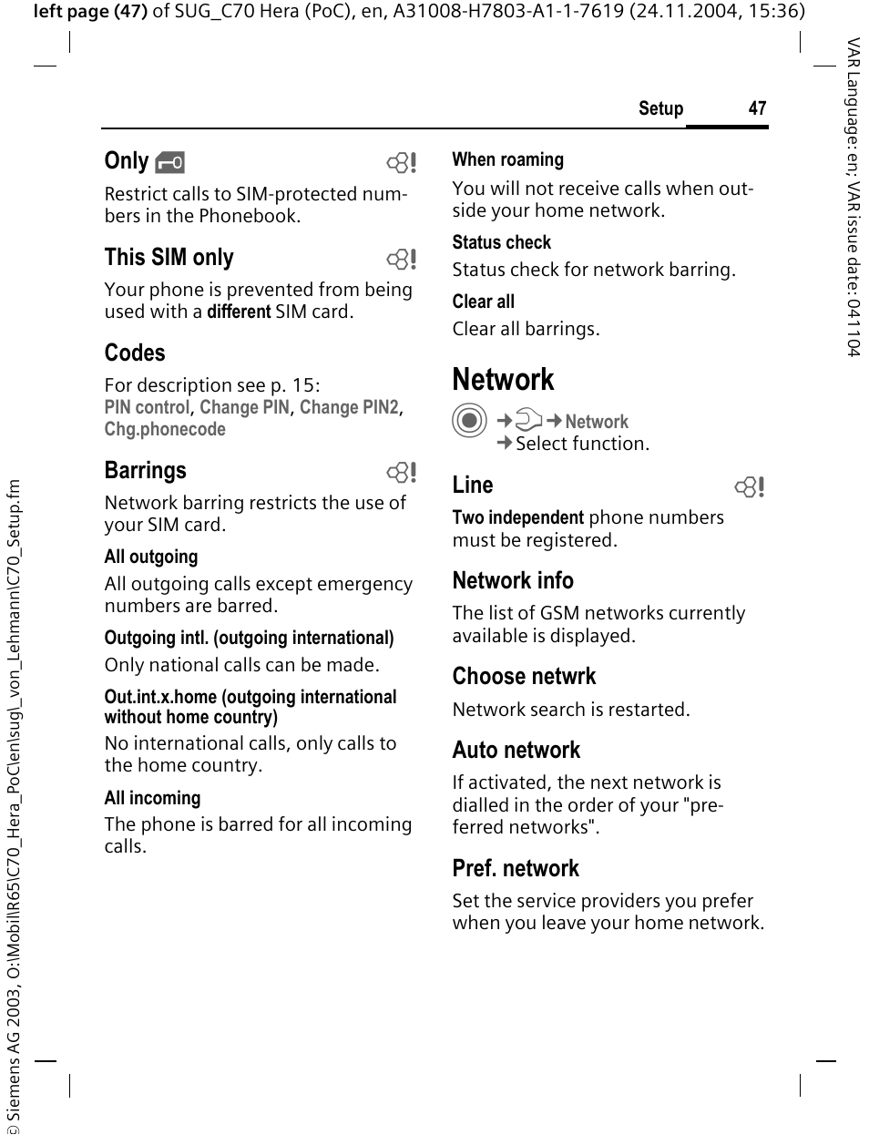 Network, Only, This sim only b | Codes, Barrings b, Line b, Network info, Choose netwrk, Auto network, Pref. network | Siemens C70 CT70 User Manual | Page 48 / 76