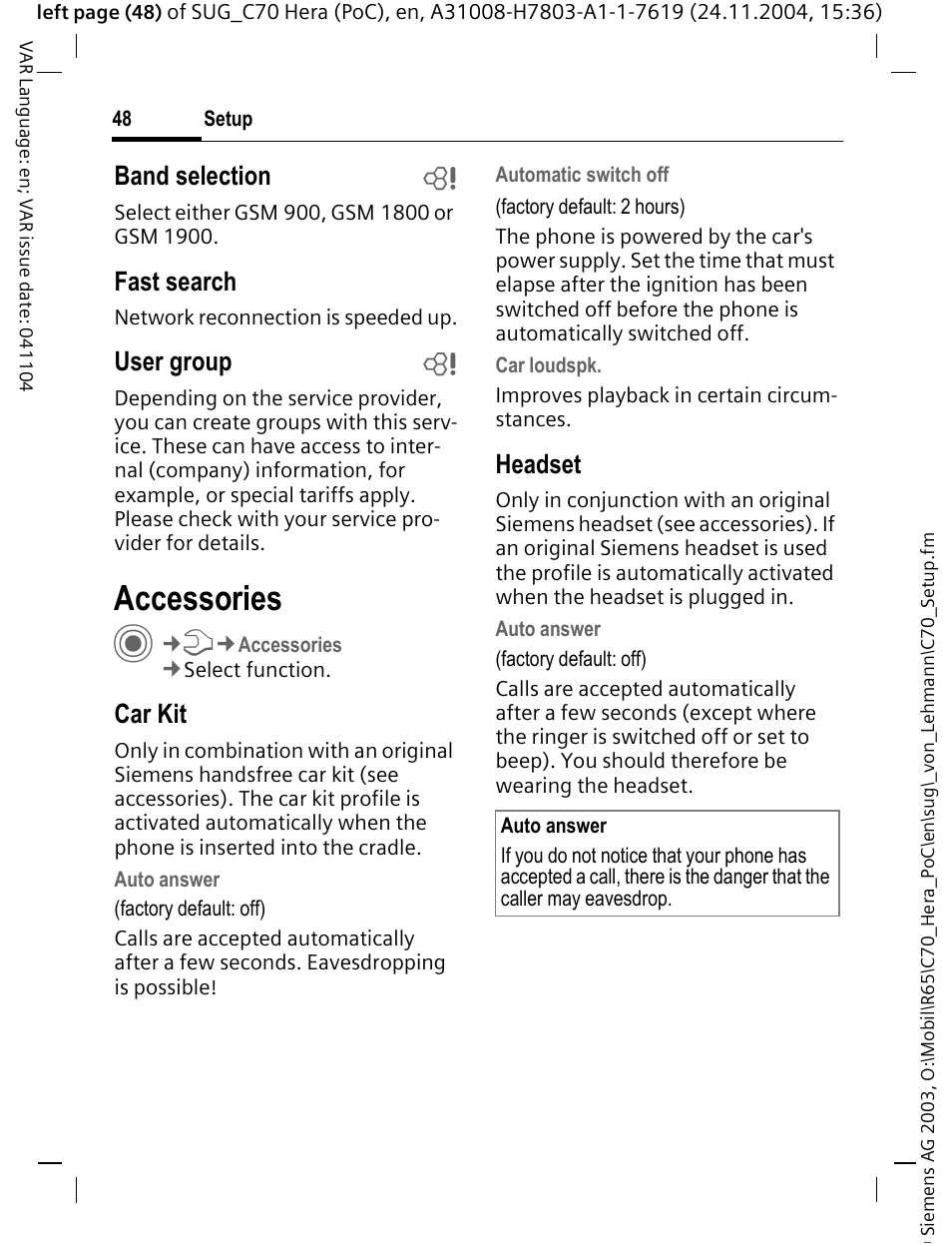 Accessories, Band selection b, Fast search | User group b, Car kit, Headset | Siemens C70 CT70 User Manual | Page 49 / 76