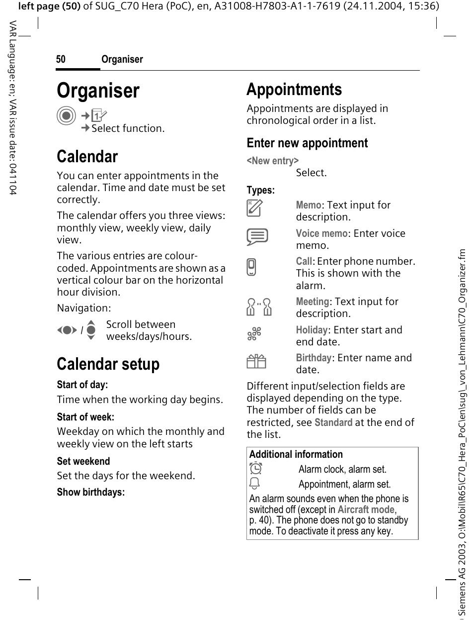 Organiser, Calendar, Appointments | Organiser c, Calendar setup | Siemens C70 CT70 User Manual | Page 51 / 76