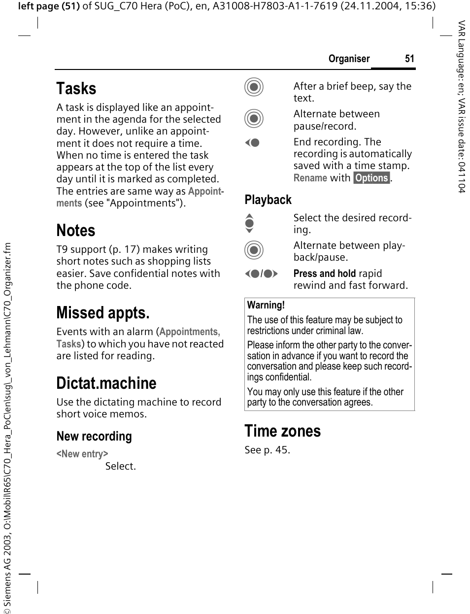 Tasks, Notes, Missed appts | Dictat.machine, Time zones | Siemens C70 CT70 User Manual | Page 52 / 76