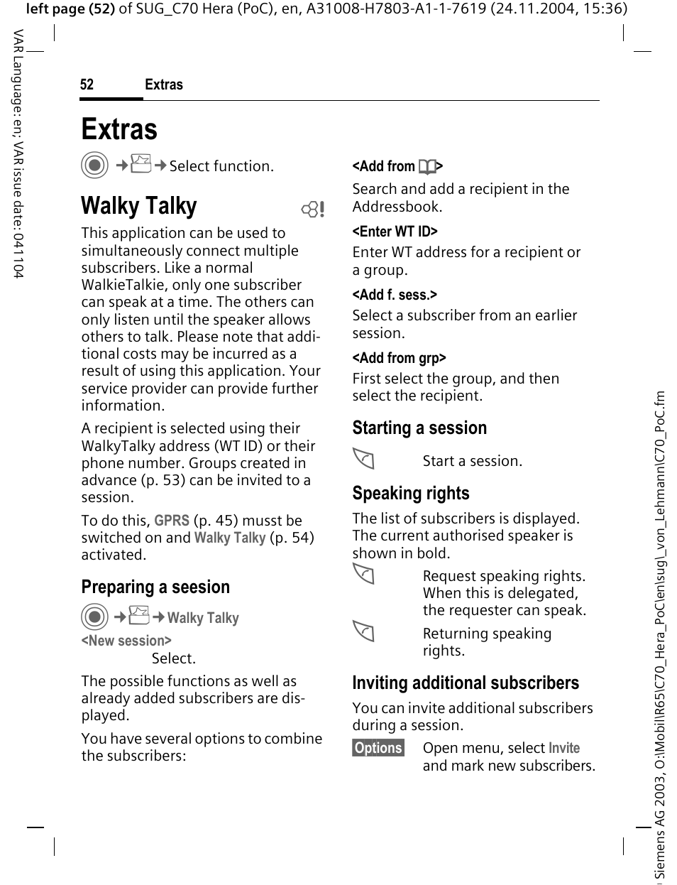 Extras, Extras c, Walky talky | Preparing a seesion, Starting a session, Speaking rights, Inviting additional subscribers | Siemens C70 CT70 User Manual | Page 53 / 76