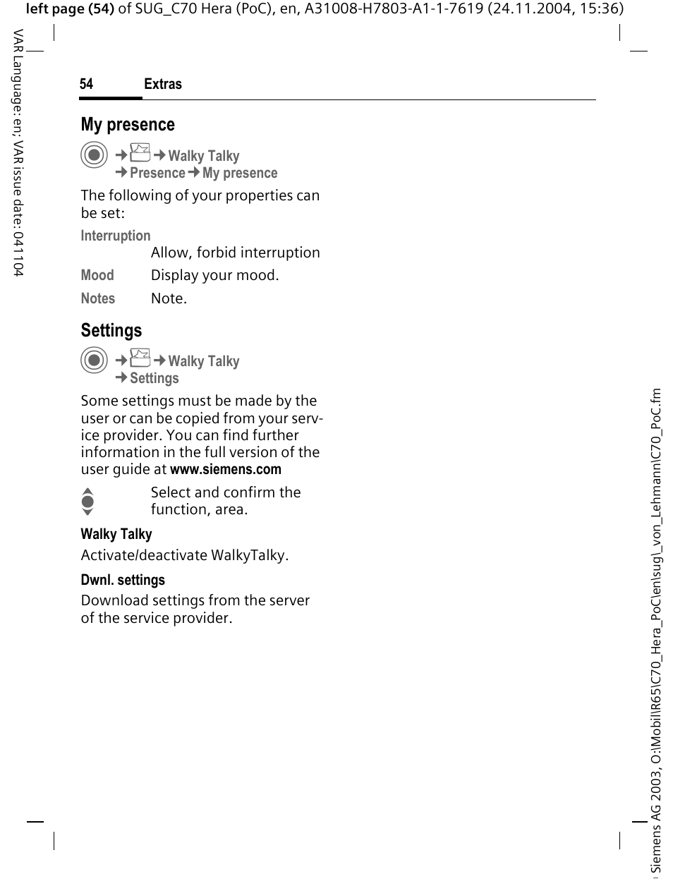 My presence, Settings | Siemens C70 CT70 User Manual | Page 55 / 76