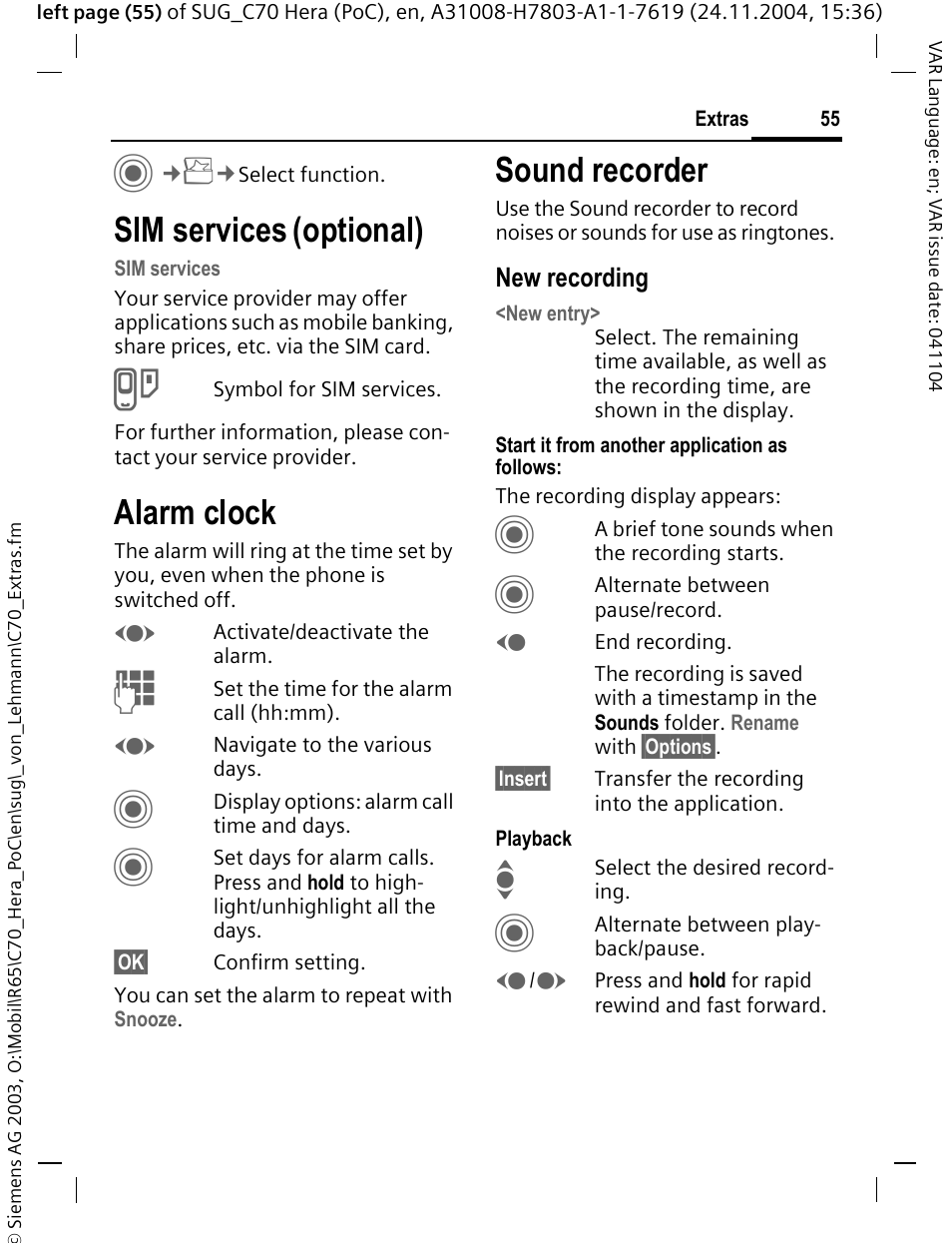 Sim services (optional), Alarm clock, Sound recorder | Sim services, Optional) | Siemens C70 CT70 User Manual | Page 56 / 76