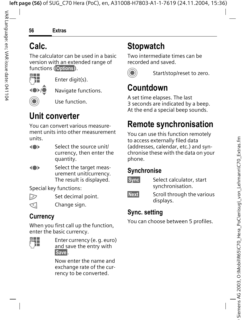 Calc, Unit converter, Stopwatch | Countdown, Remote synchronisation | Siemens C70 CT70 User Manual | Page 57 / 76