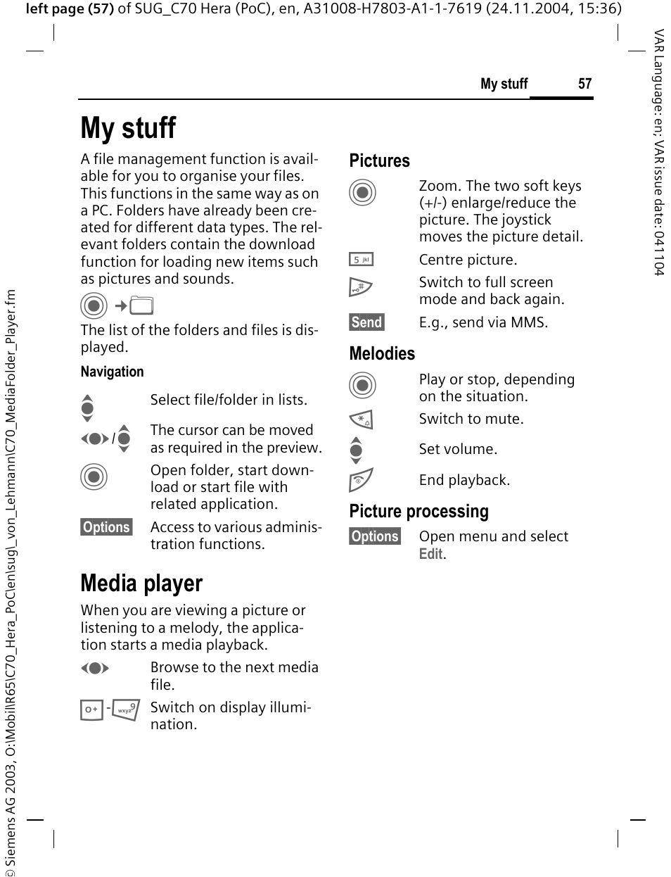 My stuff, Media player | Siemens C70 CT70 User Manual | Page 58 / 76