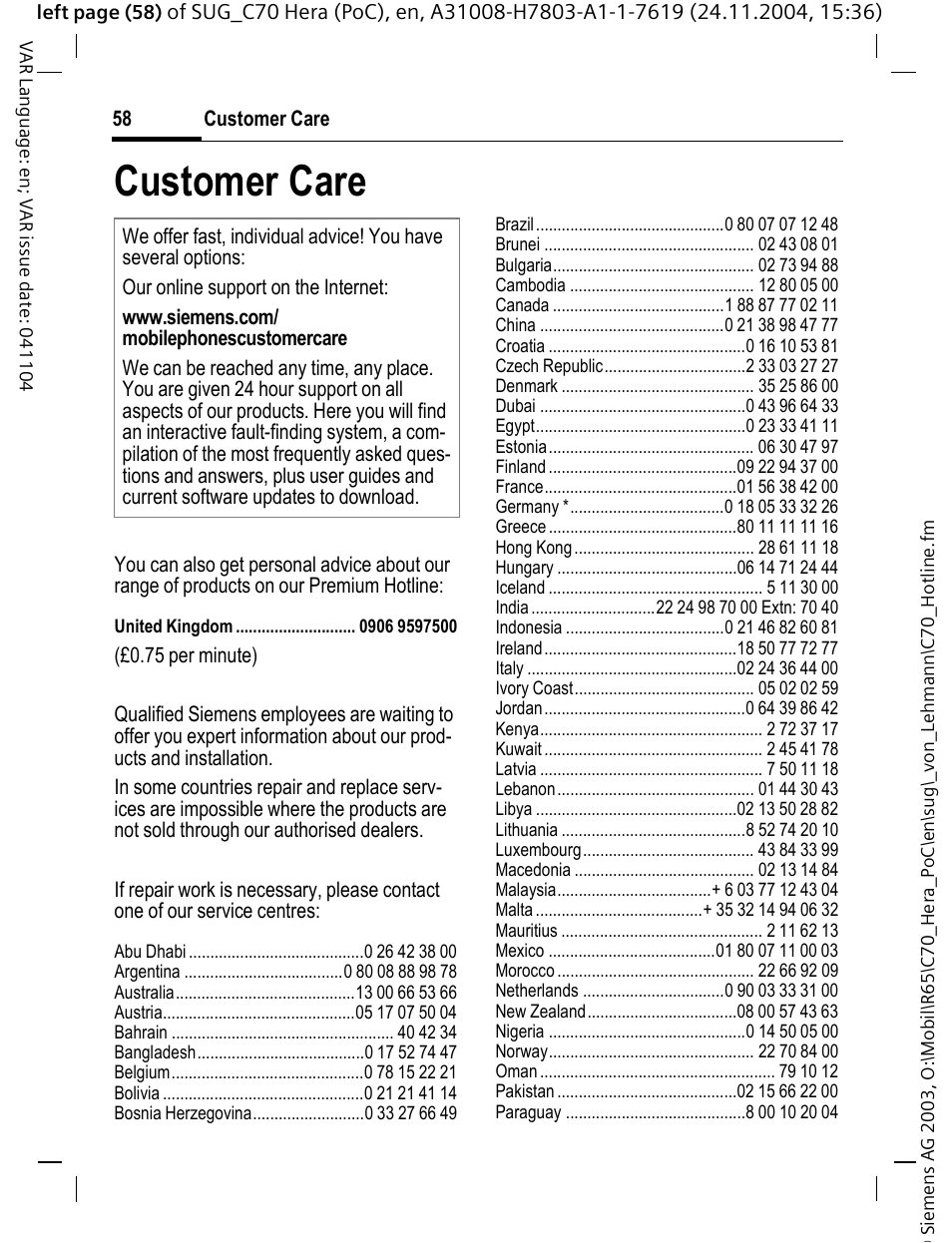 Customer care | Siemens C70 CT70 User Manual | Page 59 / 76