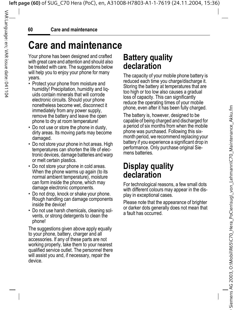 Care and maintenance, Battery quality declaration, Display quality declaration | Care and maintenance, Battery quality declaration, Display quality declaration | Siemens C70 CT70 User Manual | Page 61 / 76