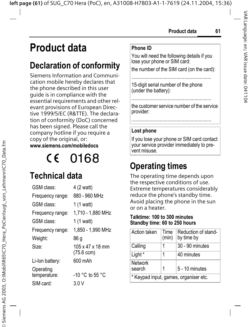 Product data, Declaration of conformity, Technical data | Operating times | Siemens C70 CT70 User Manual | Page 62 / 76