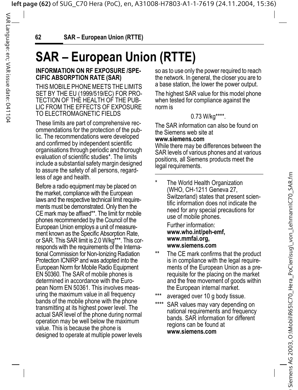 Sar – european union (rtte) | Siemens C70 CT70 User Manual | Page 63 / 76