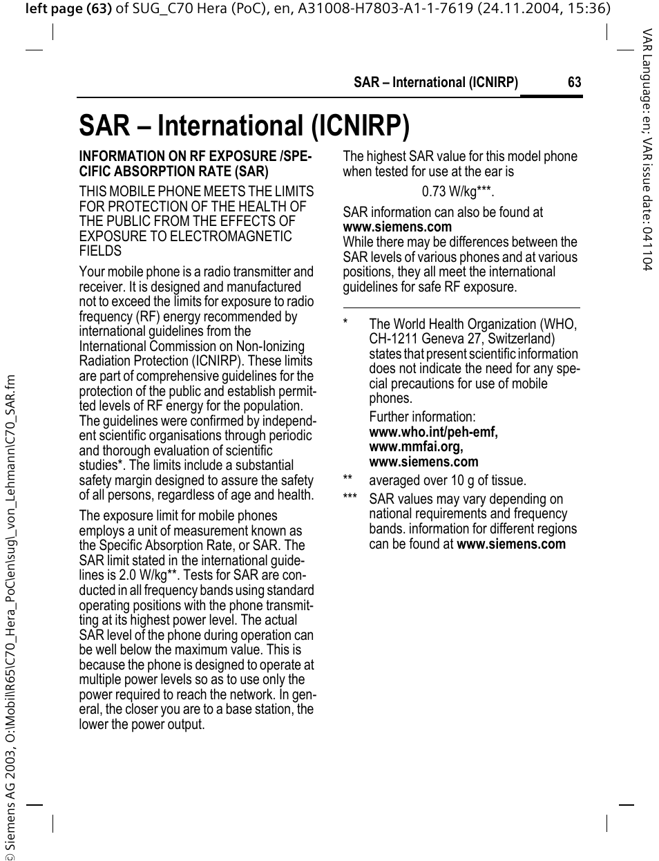 Sar – international (icnirp) | Siemens C70 CT70 User Manual | Page 64 / 76