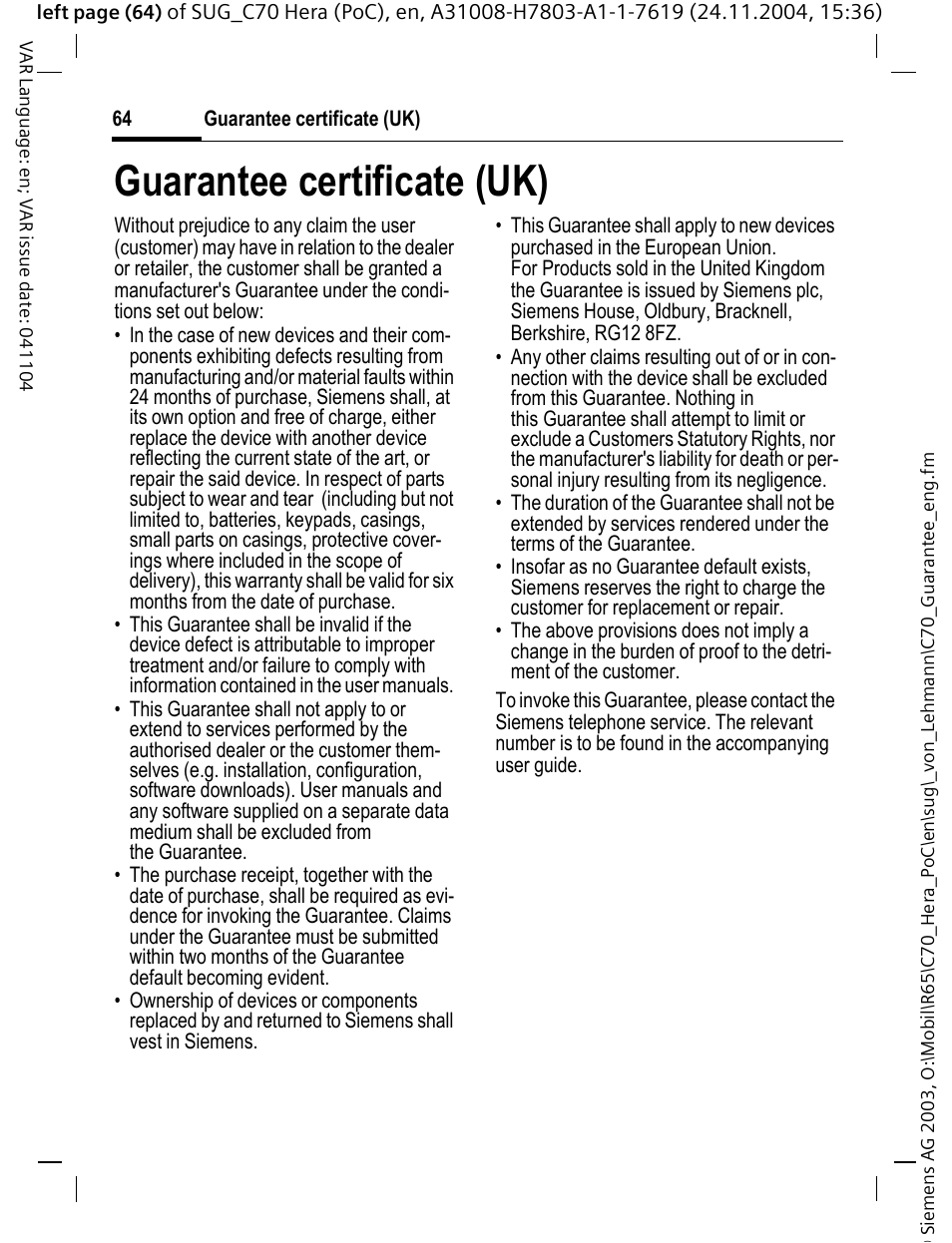 Guarantee certificate (uk) | Siemens C70 CT70 User Manual | Page 65 / 76