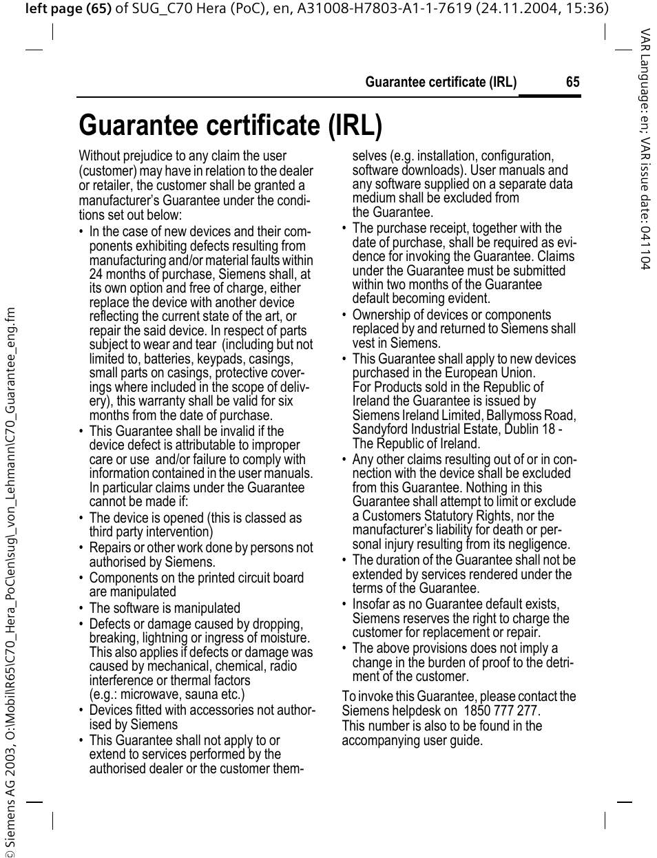 Guarantee certificate (irl) | Siemens C70 CT70 User Manual | Page 66 / 76