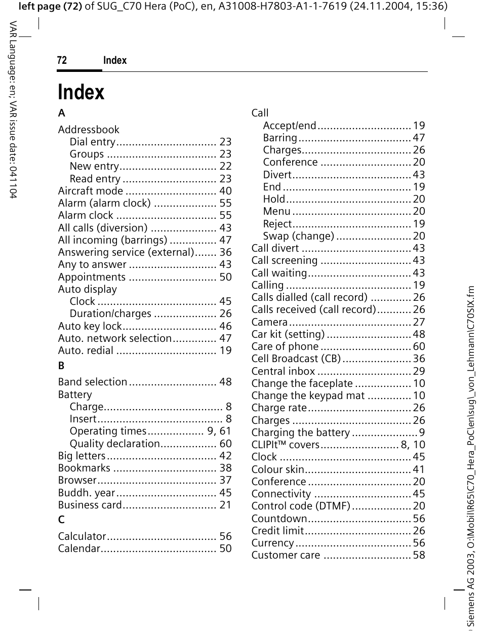 Index | Siemens C70 CT70 User Manual | Page 73 / 76