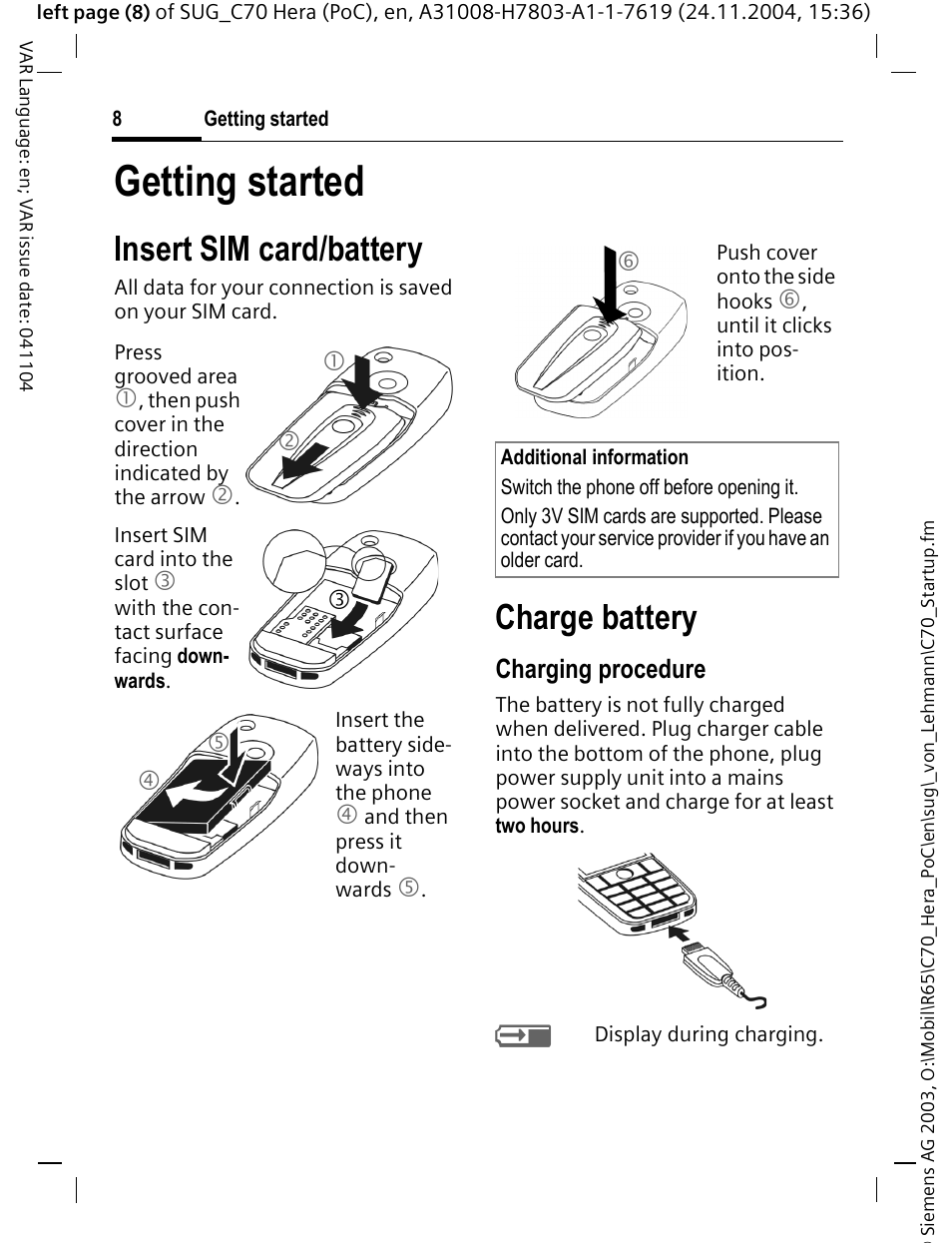 Getting started, Insert sim card/battery, Charge battery | Charging procedure | Siemens C70 CT70 User Manual | Page 9 / 76