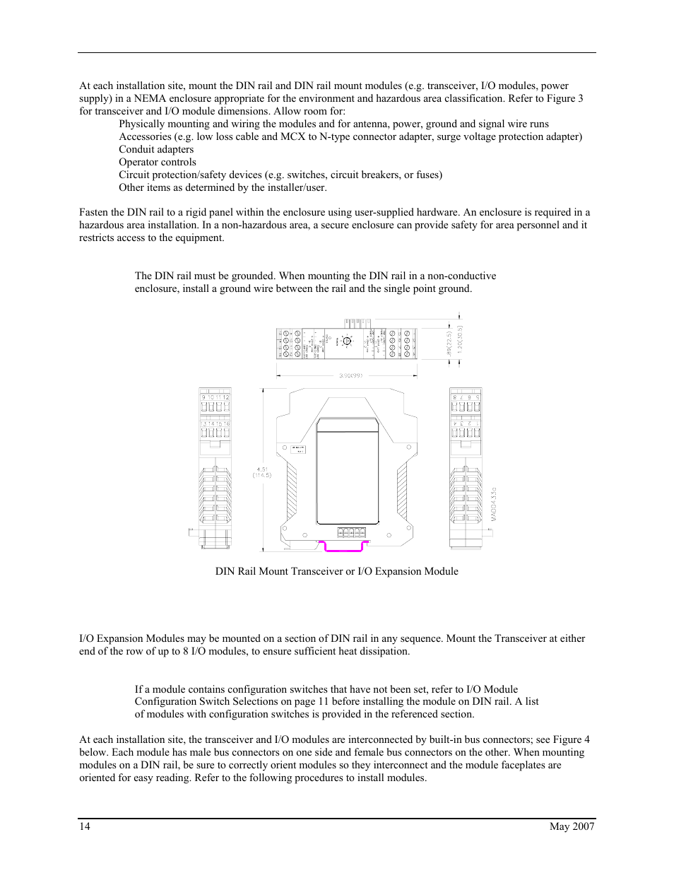 Mounting the din rail, Mounting a transceiver or i/o module, Figure 3 physical dimensions | Siemens IGWIPS200-1 User Manual | Page 16 / 36