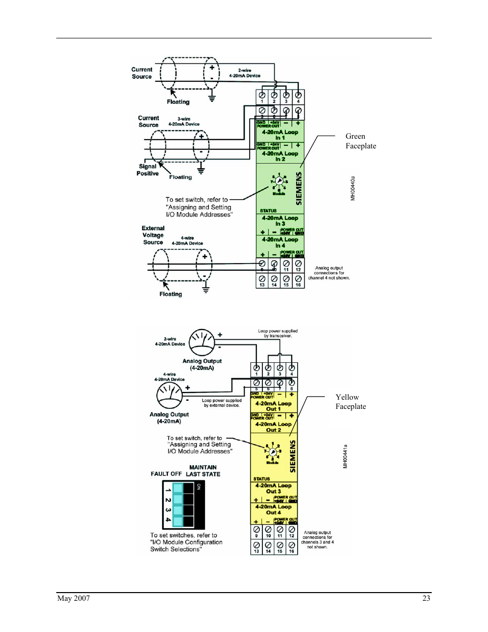 Figure 12 4-channel analog input module wiring, Figure 13 4-channel analog output module wiring | Siemens IGWIPS200-1 User Manual | Page 25 / 36