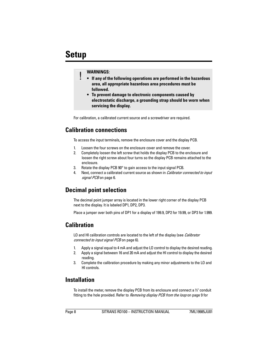 Setup, Calibration connections, Decimal point selection | Calibration, Installation | Siemens Remote Displays SITRANS RD100 User Manual | Page 10 / 12