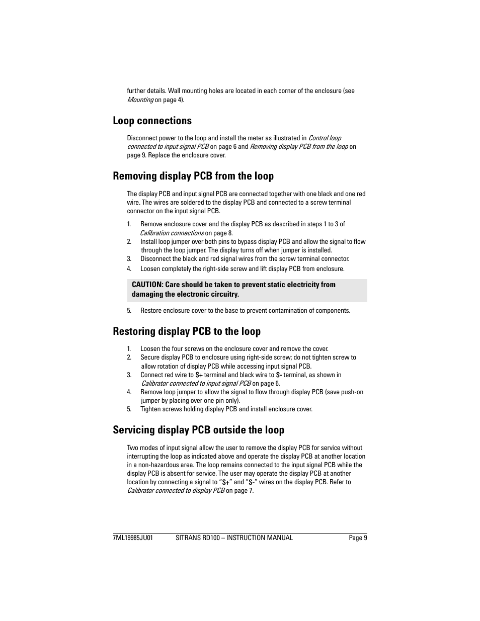 Loop connections, Removing display pcb from the loop, Restoring display pcb to the loop | Servicing display pcb outside the loop | Siemens Remote Displays SITRANS RD100 User Manual | Page 11 / 12