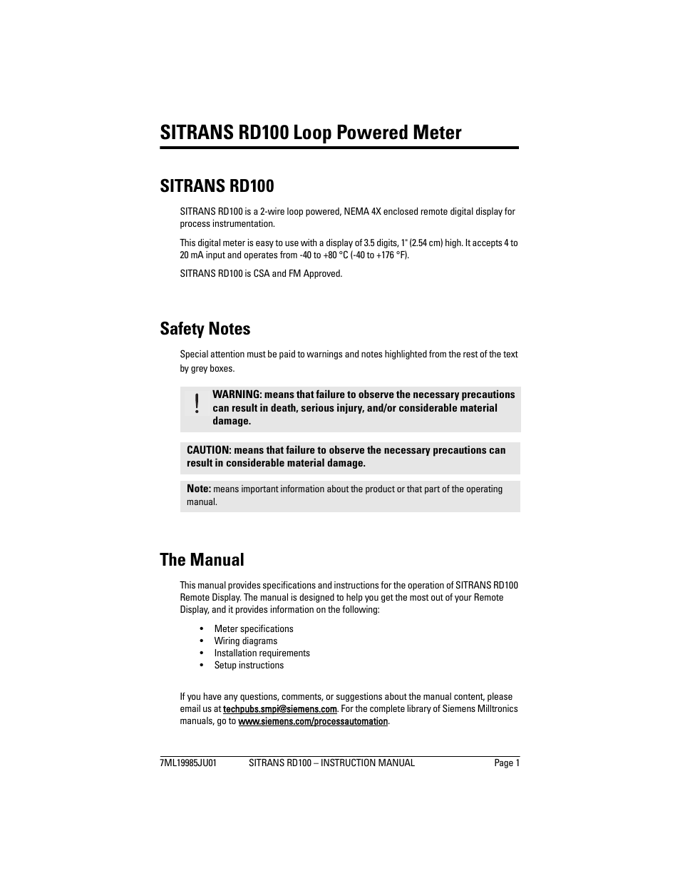 Sitrans rd100 loop powered meter, Sitrans rd100, Safety notes | The manual | Siemens Remote Displays SITRANS RD100 User Manual | Page 3 / 12