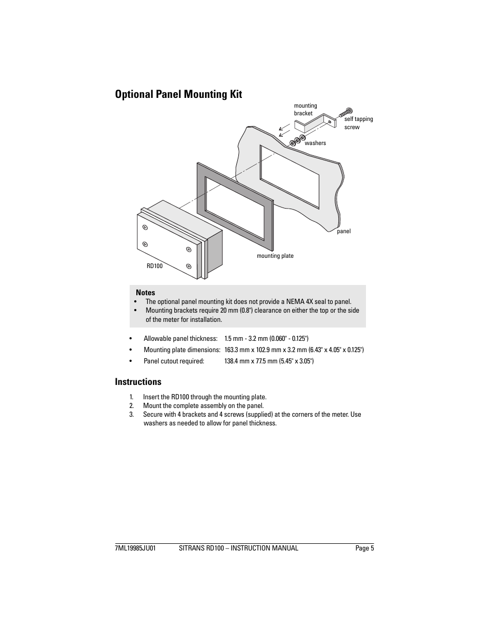 Optional panel mounting kit, Instructions | Siemens Remote Displays SITRANS RD100 User Manual | Page 7 / 12